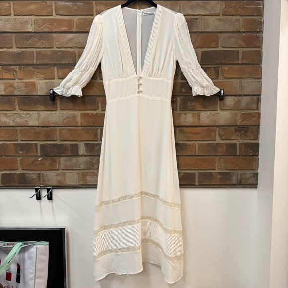 Reformation Ginny Lace-Trimmed Pintucked Georgette Midi Dress Size 6 Ivory White - Picture 11 of 15